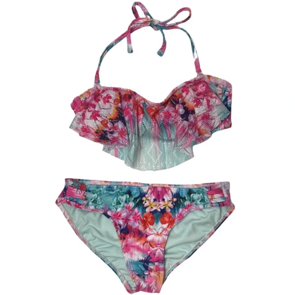 Vintage Y2K Bikini Romantic Ruffle Swimsuit Pastel Floral Pink White Size Small